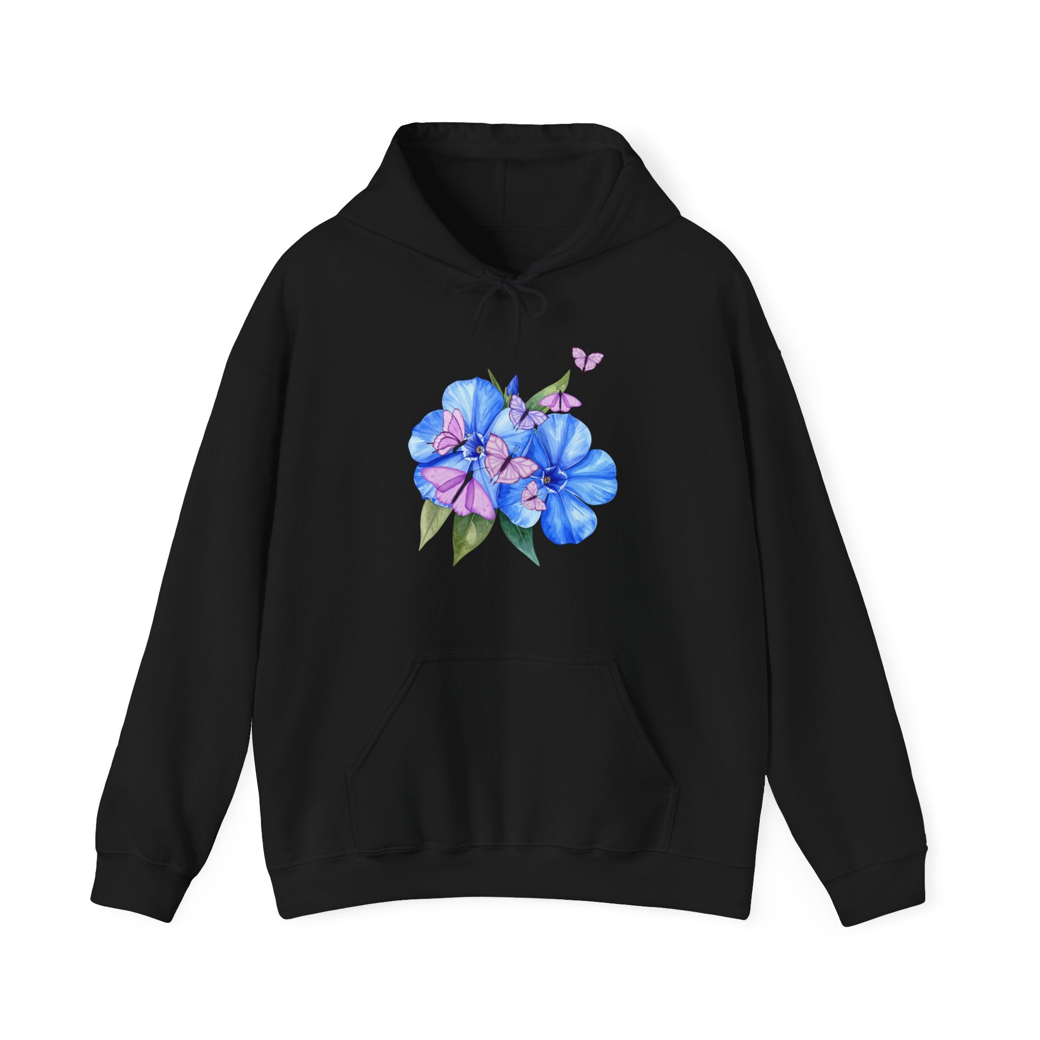Black hoodie with a colorful floral design on a white background