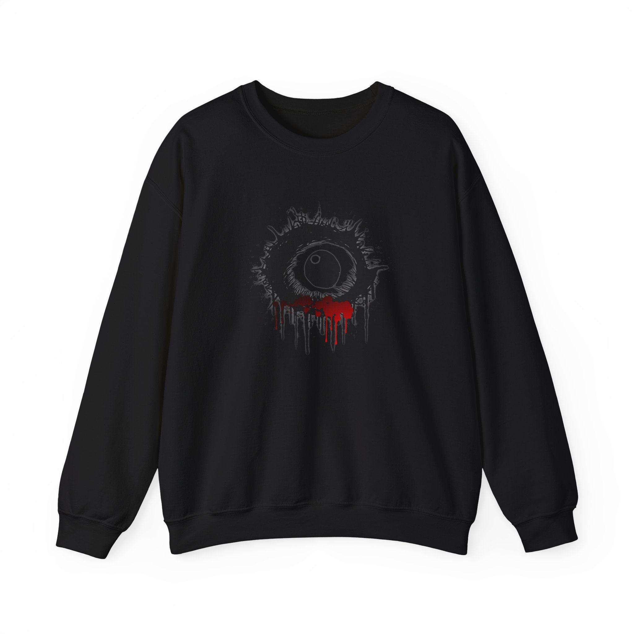 Black sweatshirt with a graphic design on a white background
