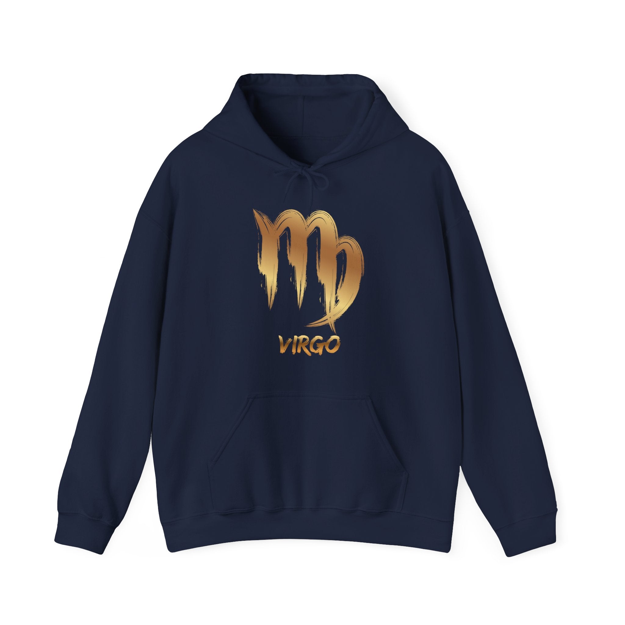 Navy blue hoodie with gold Virgo symbol and text on a white background