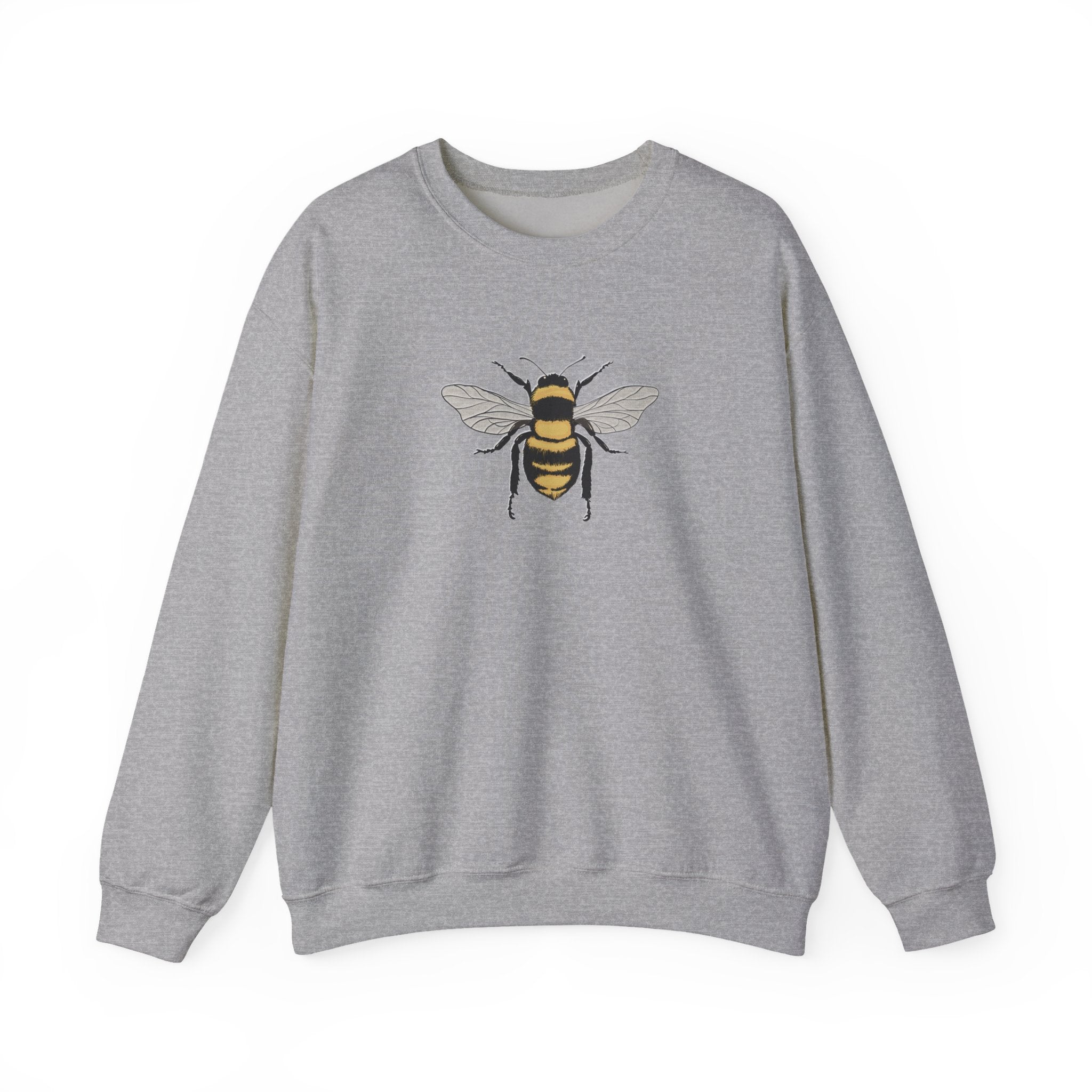 Gray sweatshirt with bee graphic on a white background