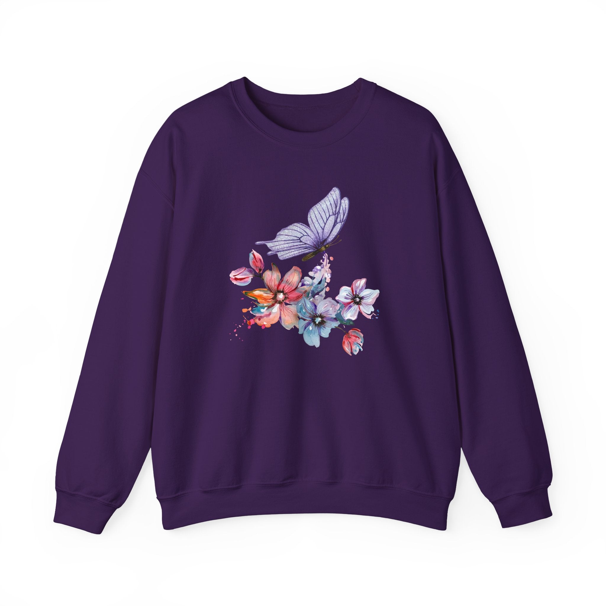 Purple sweatshirt with floral and butterfly design on a white background