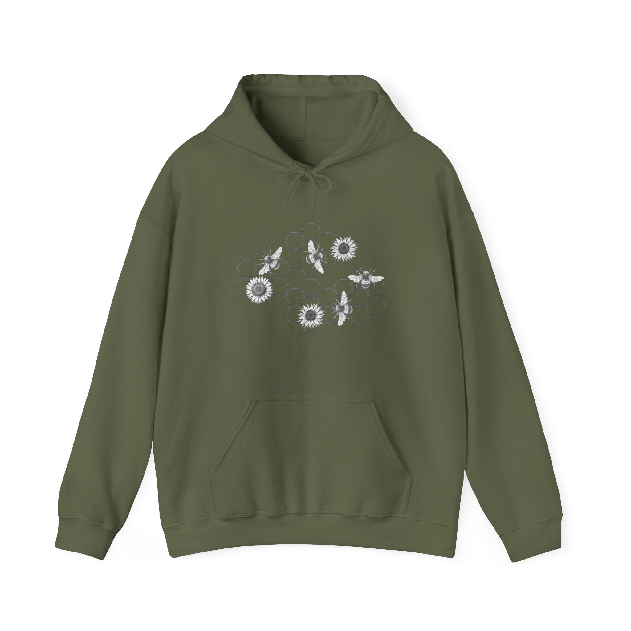 Military green hoodie with floral and bee design on a white background