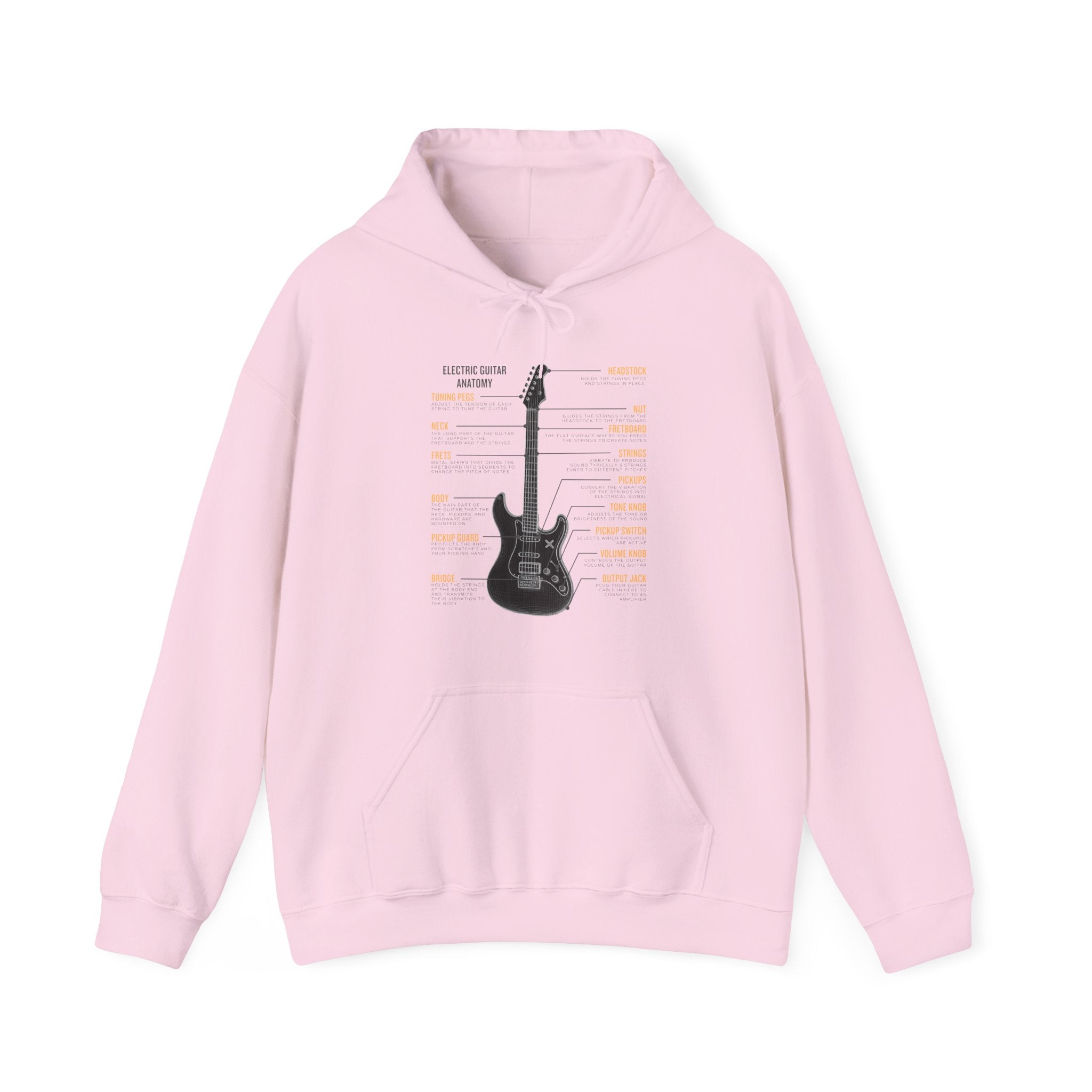 Pink hoodie with electric guitar graphic and texts on a white 