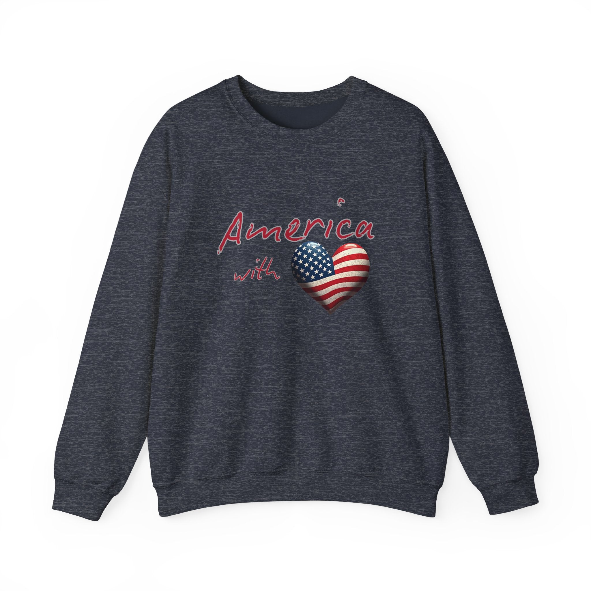 Navy sweatshirt with 'America with a heart' design featuring an American flag on a white background