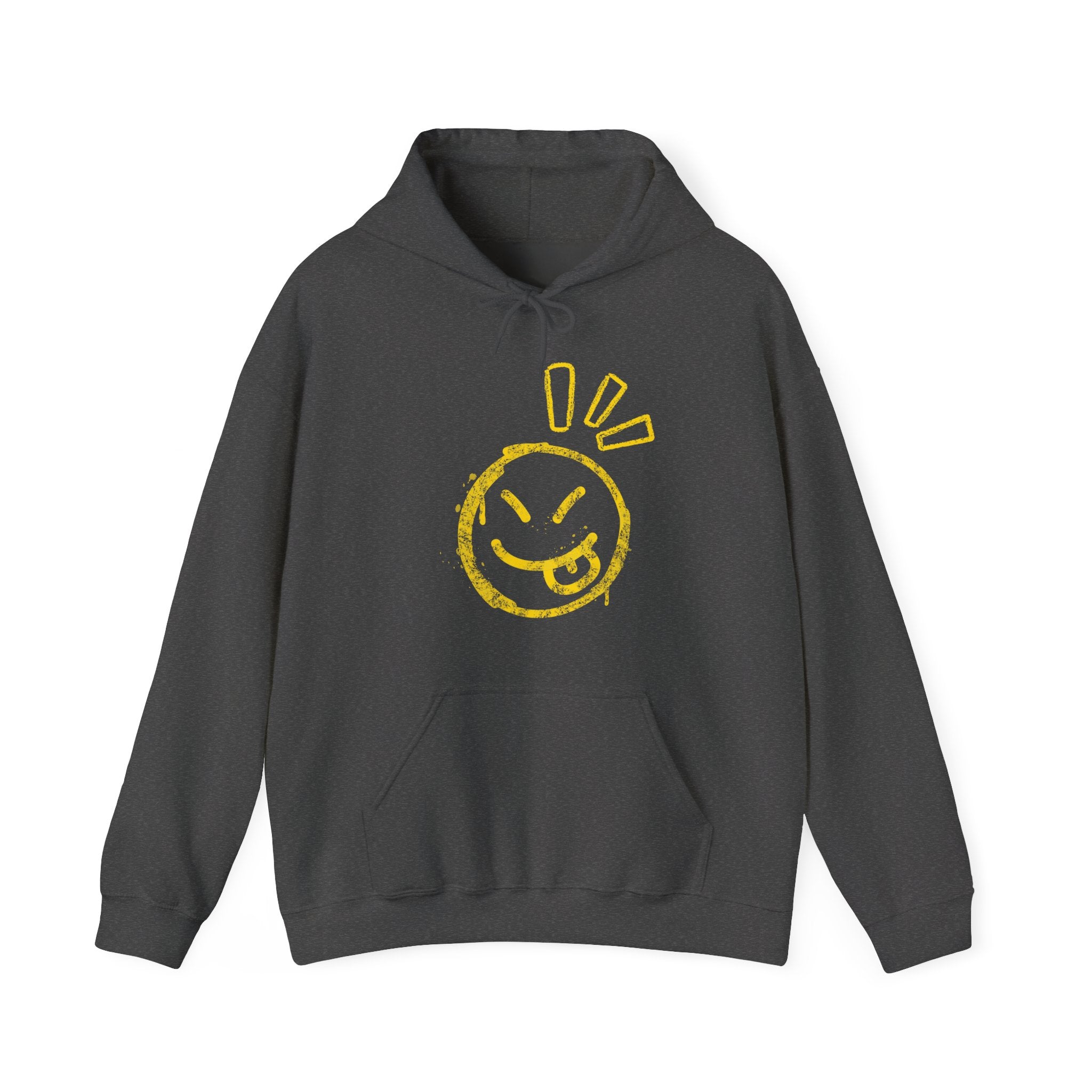 Dark gray hoodie with a graphic of a wacky emoticon on a white background