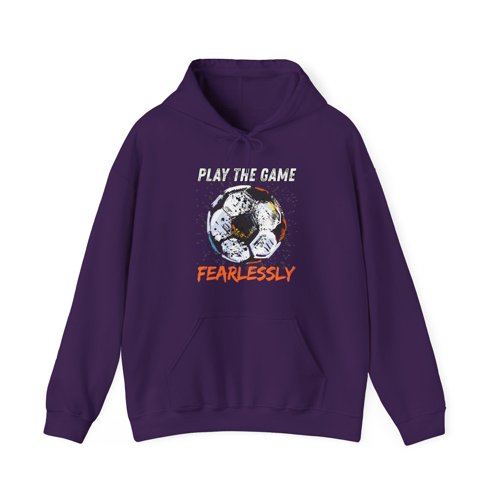 Purple hoodie with dirty soccer ball graphic and play the game fearlessly text on a white background