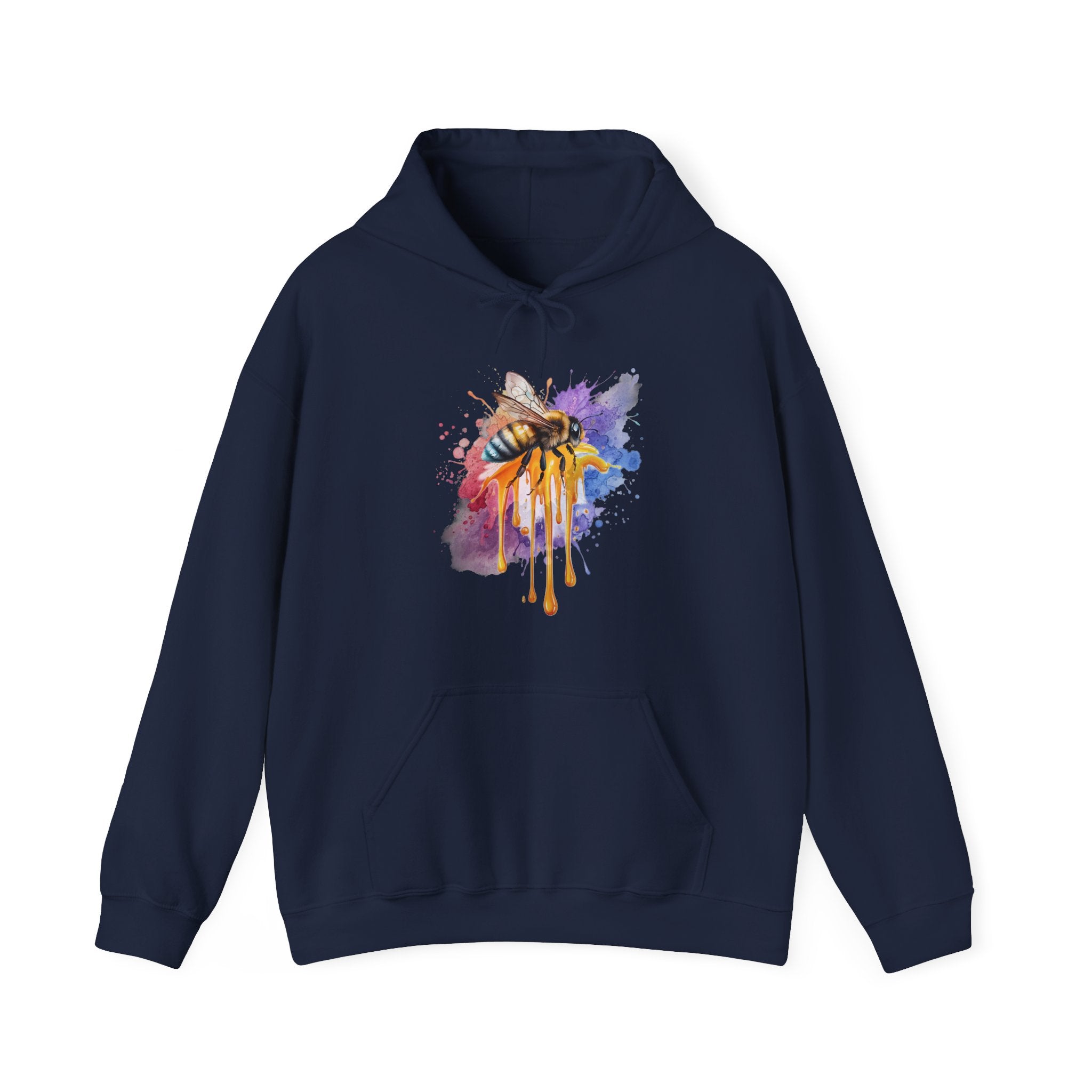 Navy blue hoodie with a colorful bee design on a white background