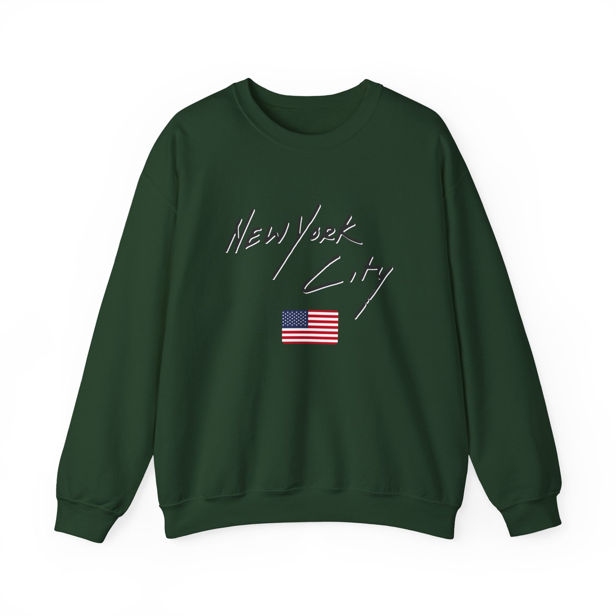 Green sweatshirt with 'New York City' text and American flag on a white background