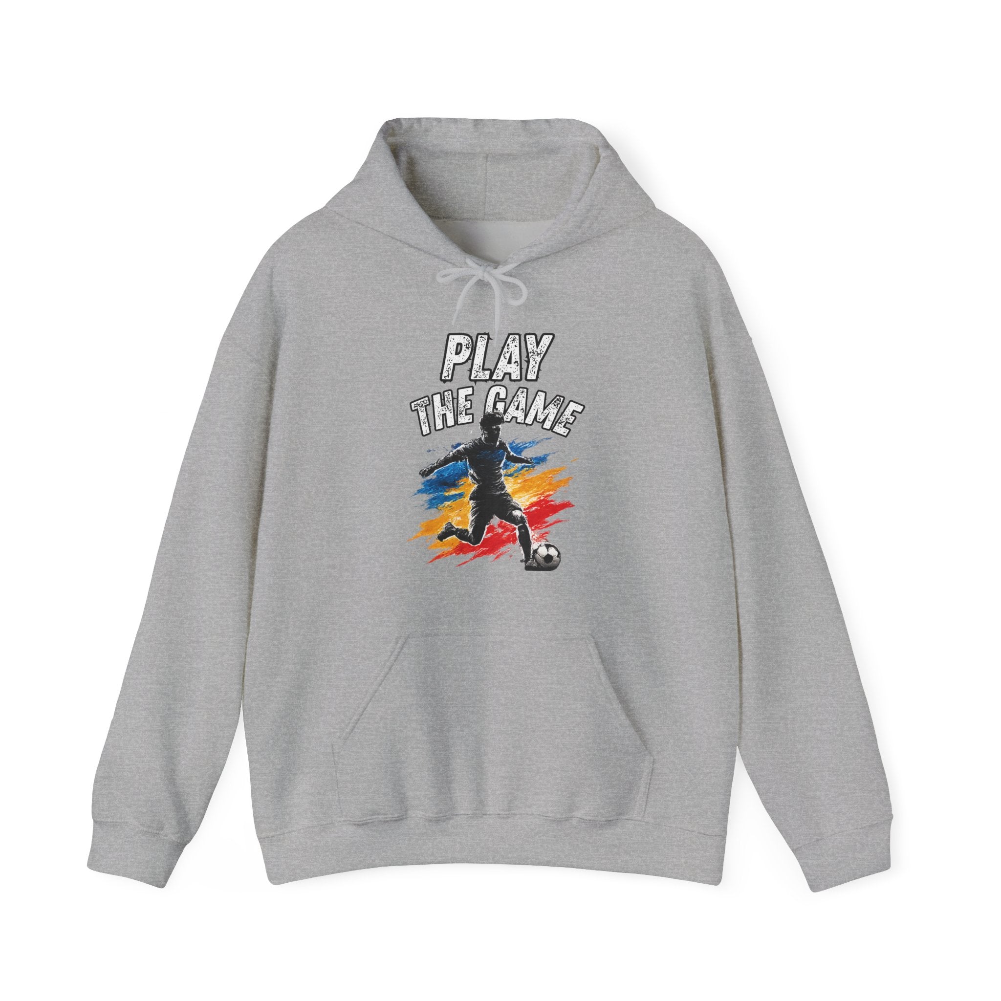 Grey hoodie featuring a graphic print on the front with the text 'PLAY THE GAME' above a stylized soccer player silhouette over a red, yellow, and blue paint-splatter background.