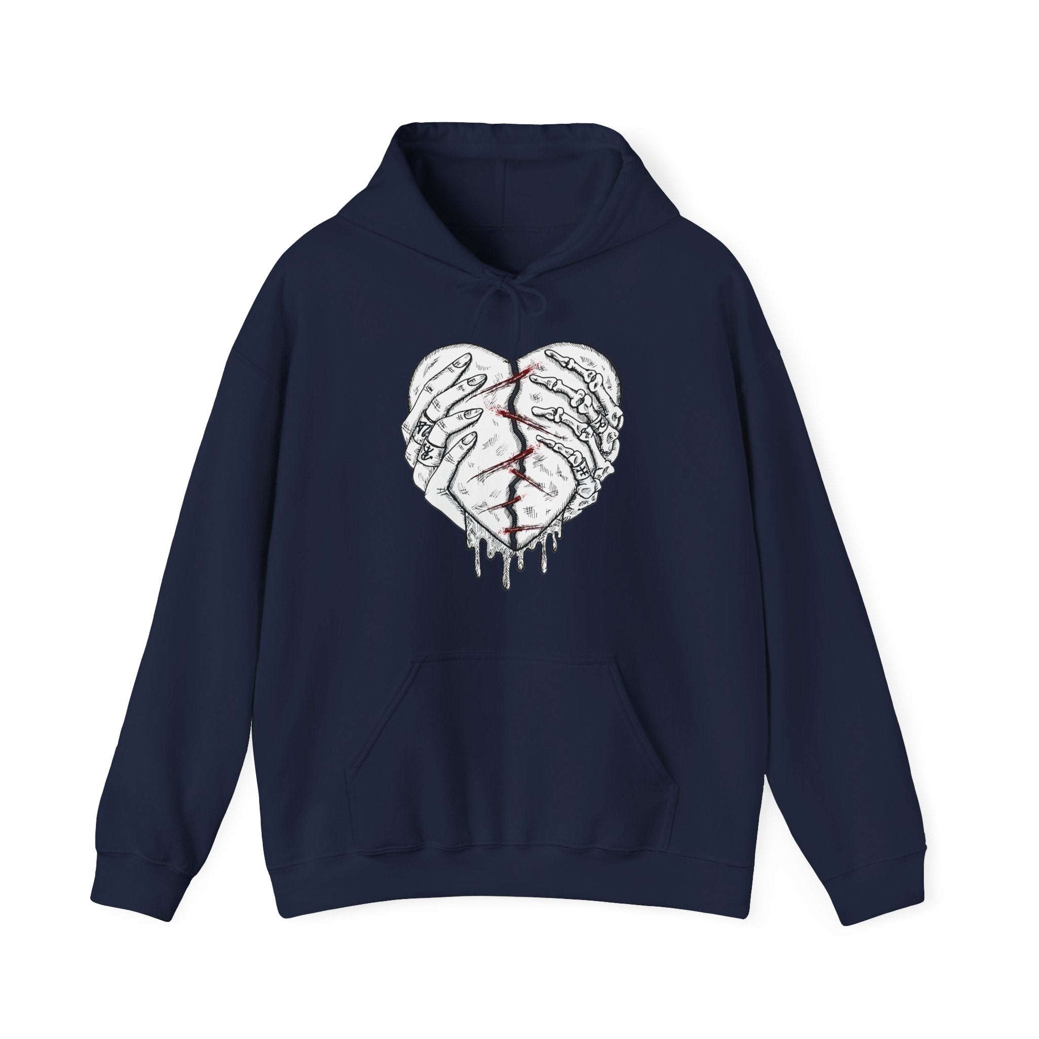 Navy blue hoodie with a graphic design on a white background
