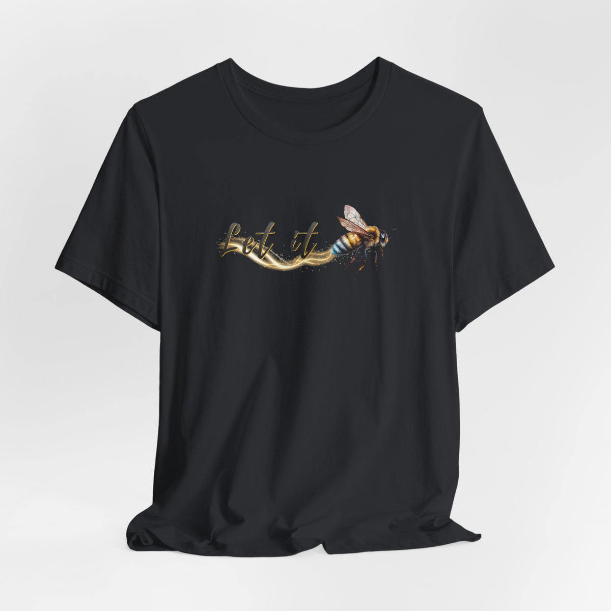 Black t-shirt with a bee graphic and 'Let it' text on a white background