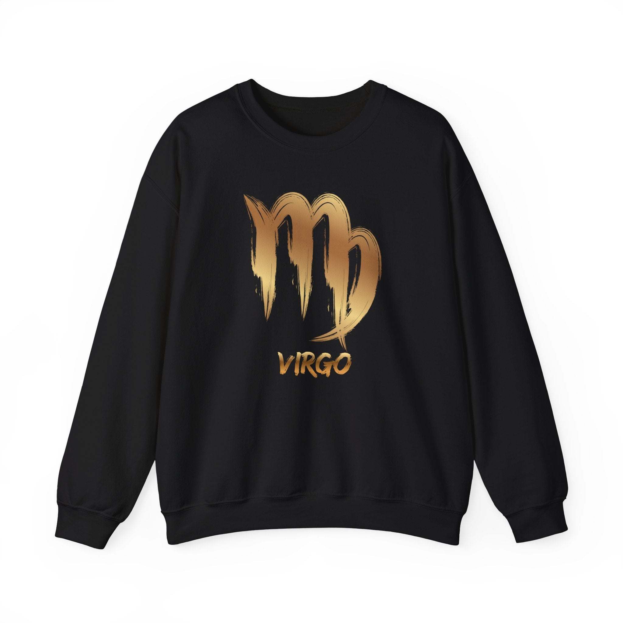 Black sweatshirt with gold 'Virgo' design on a white background