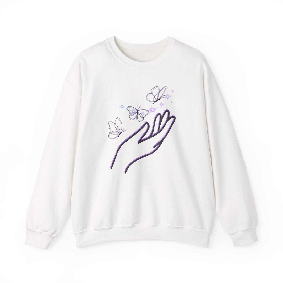 White sweatshirt with a hand and butterfly design on a white background