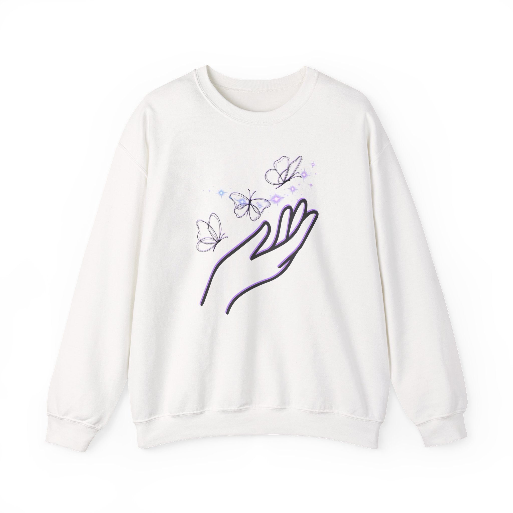 White sweatshirt with a hand and butterfly design on a white background