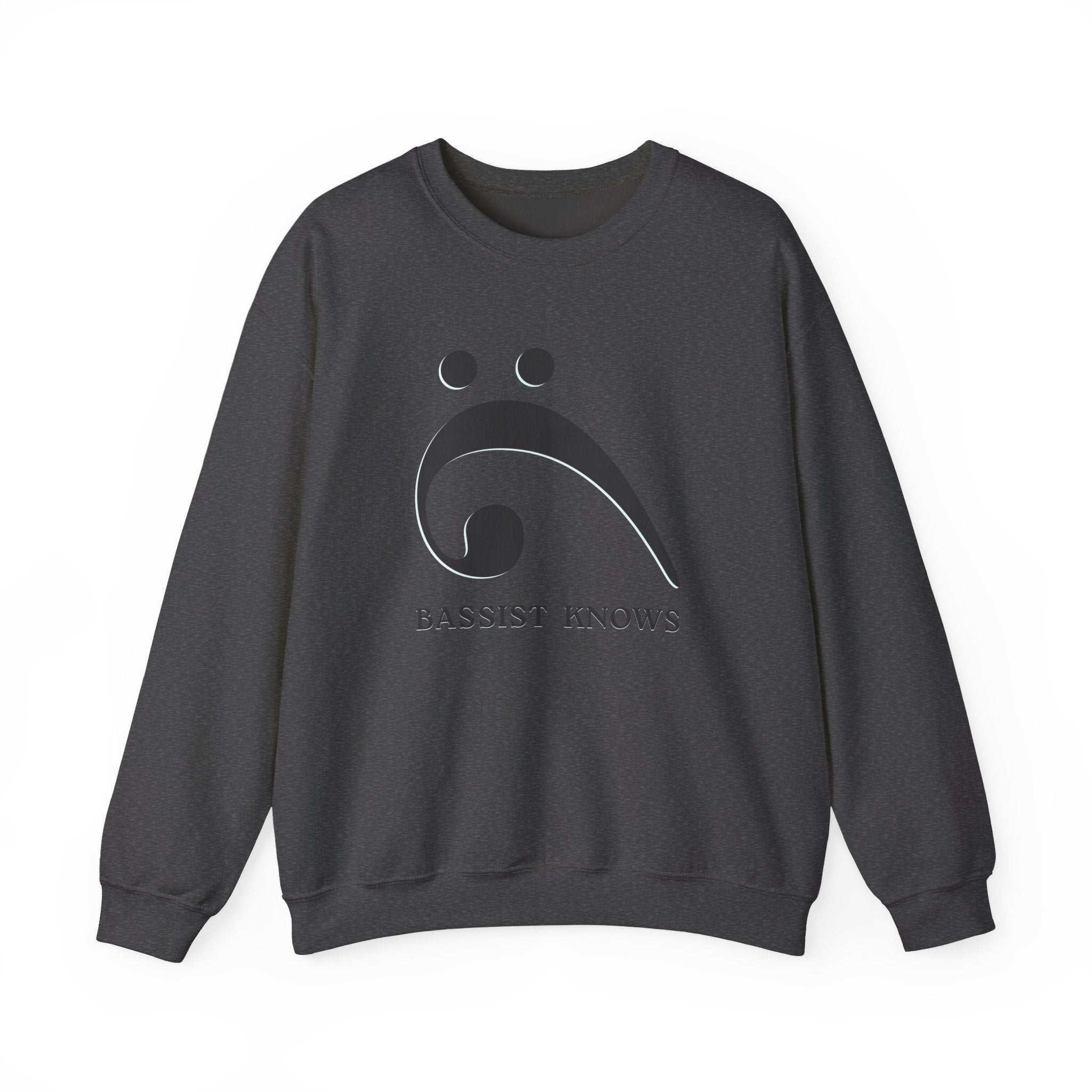 Dark gray sweatshirt with a black bass clef graphic and "Bassist Knows" text on a white background