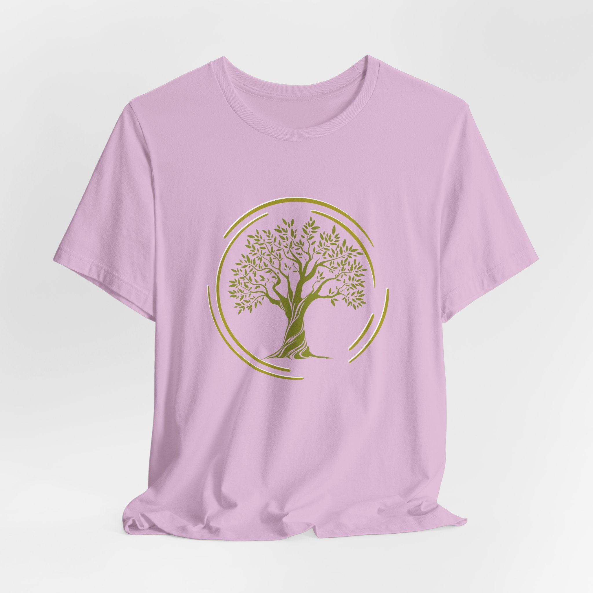 Pink t-shirt with a green tree design on a white background
