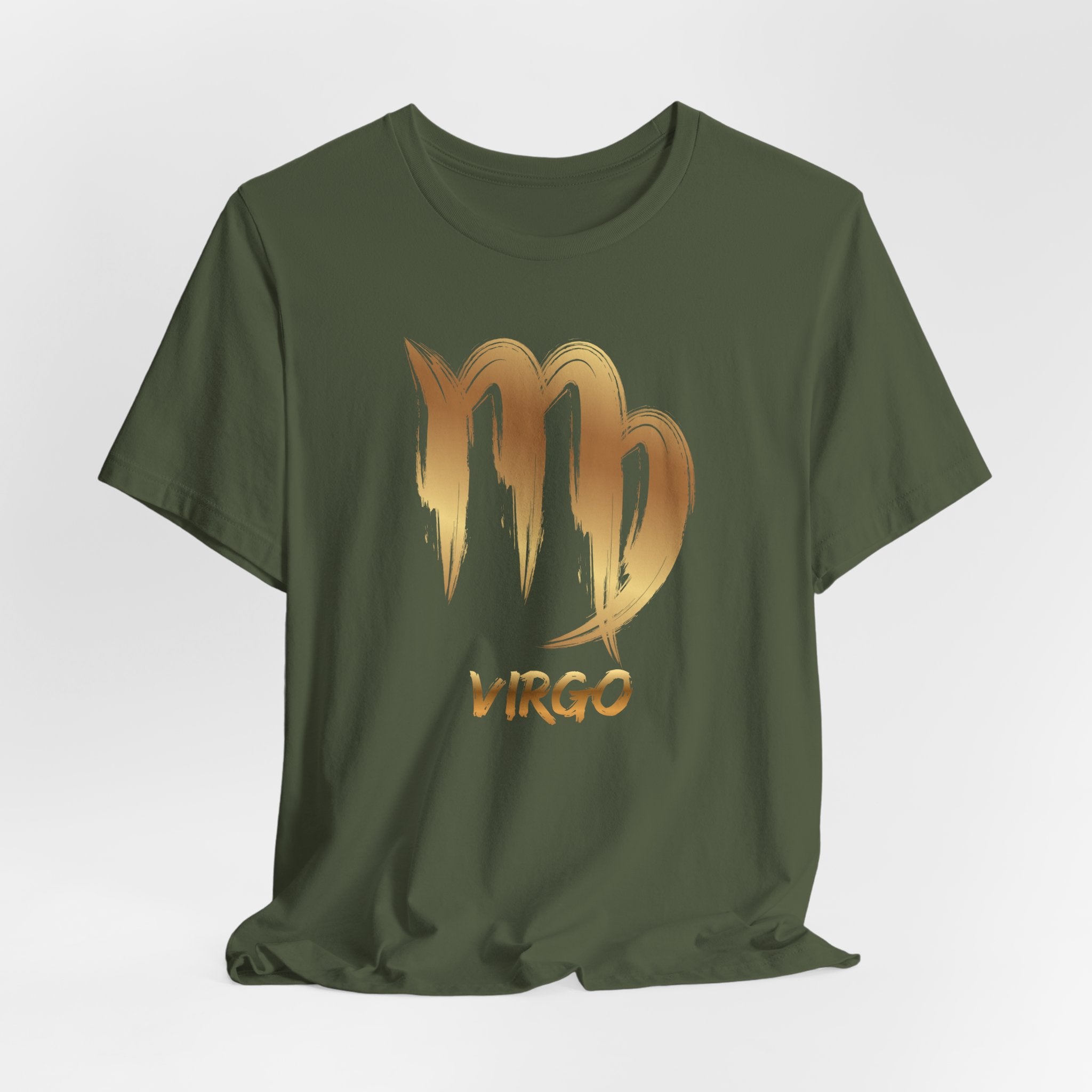 Green t-shirt with gold Virgo zodiac sign design on a white background