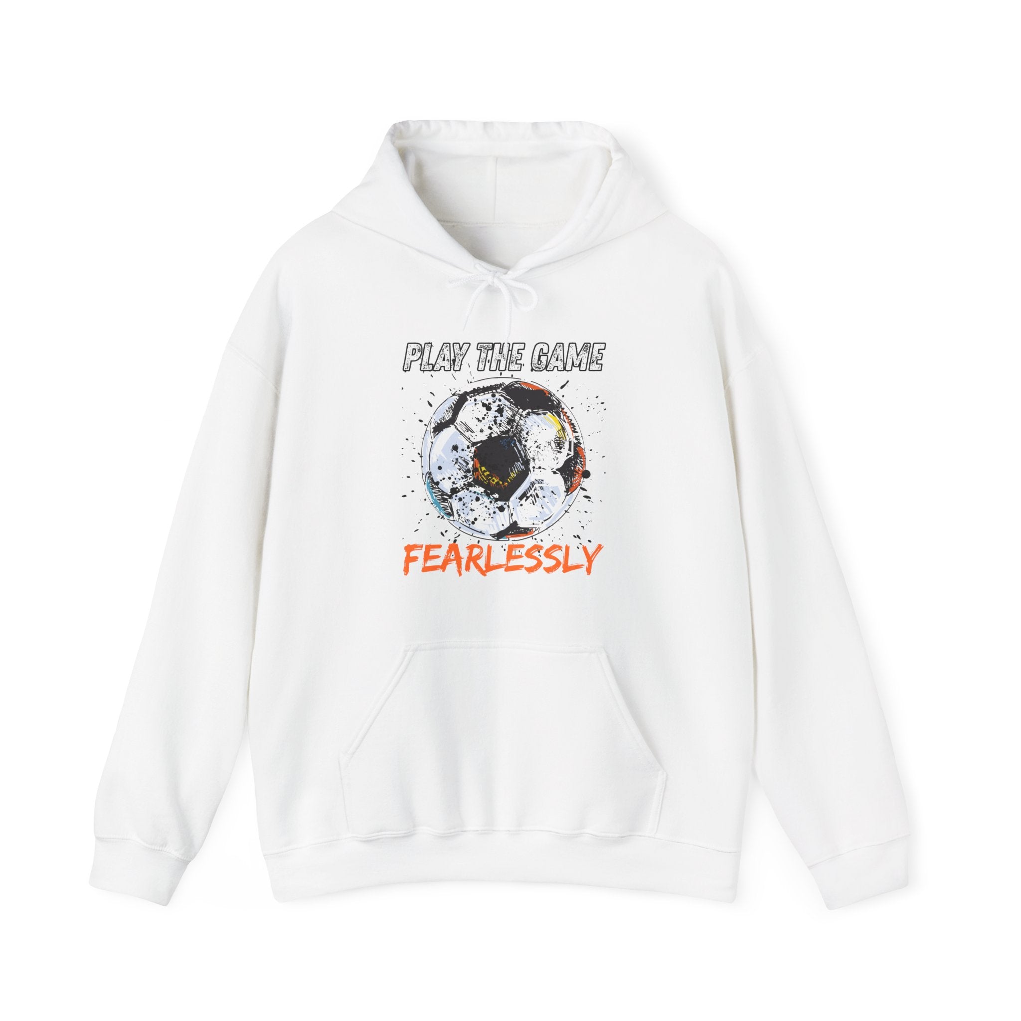 White hoodie with dirty soccer ball graphic and play the game fearlessly text on a white background