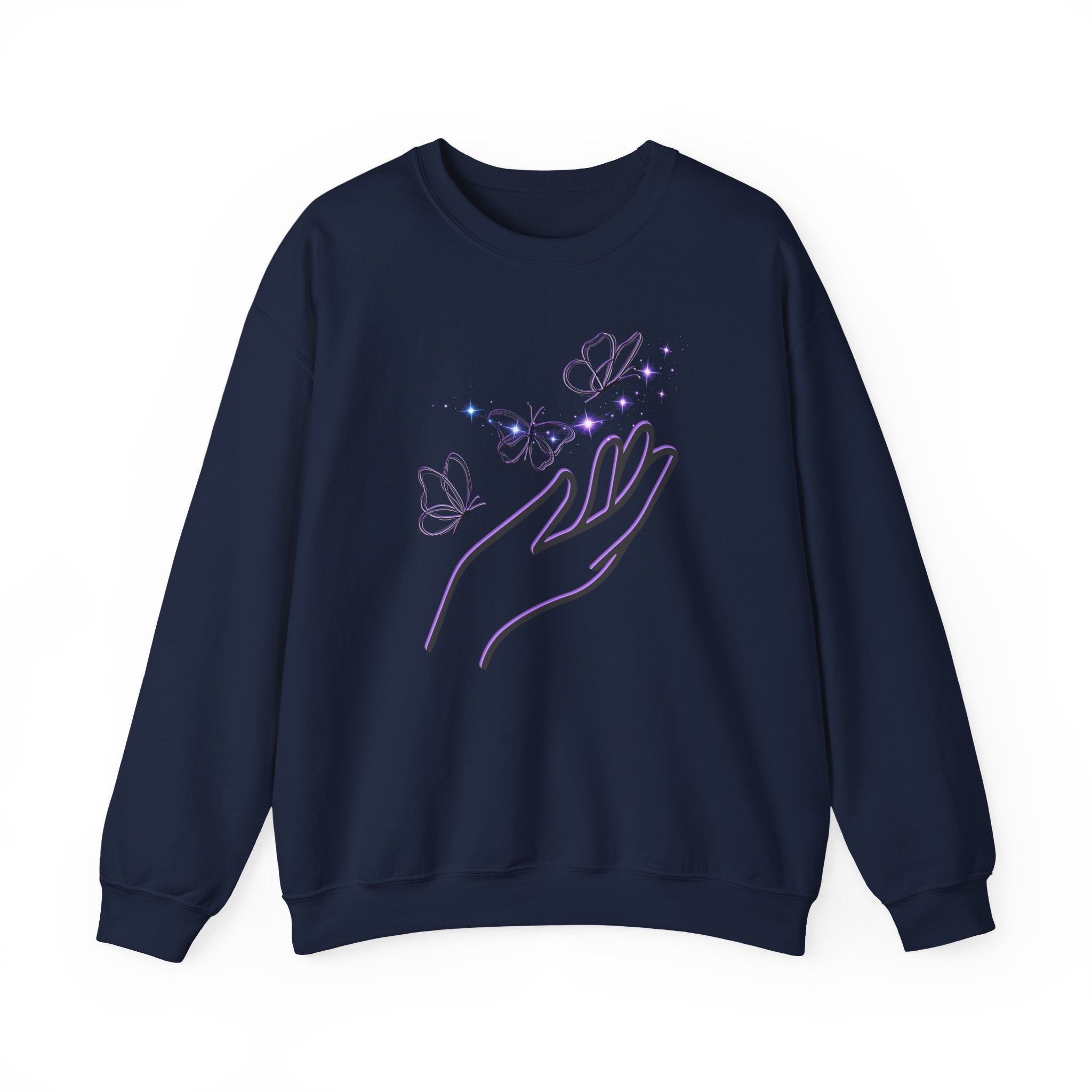 Navy blue sweatshirt with a hand and butterfly design on a white background