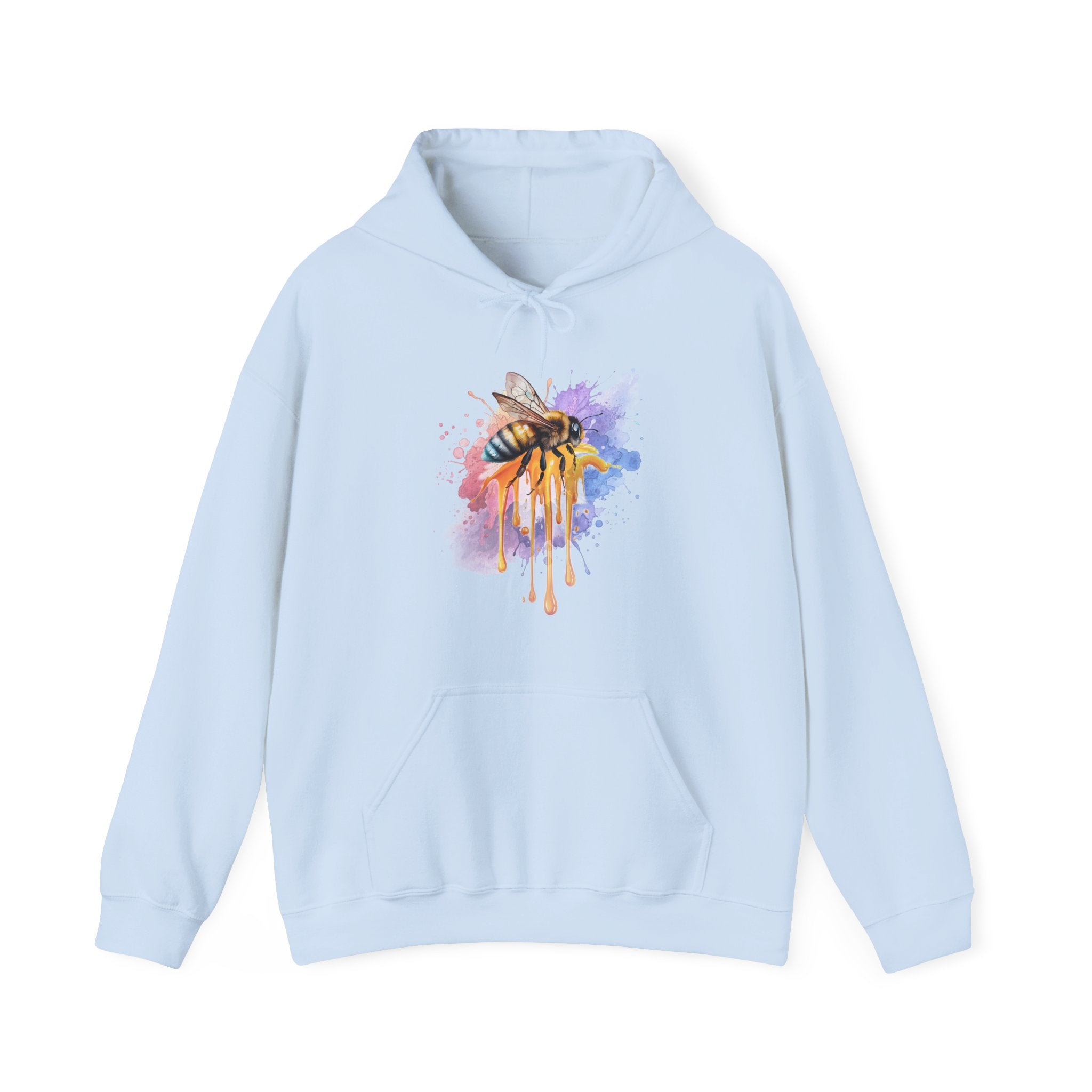 Light blue hoodie with a colorful bee and flower graphic on a white background