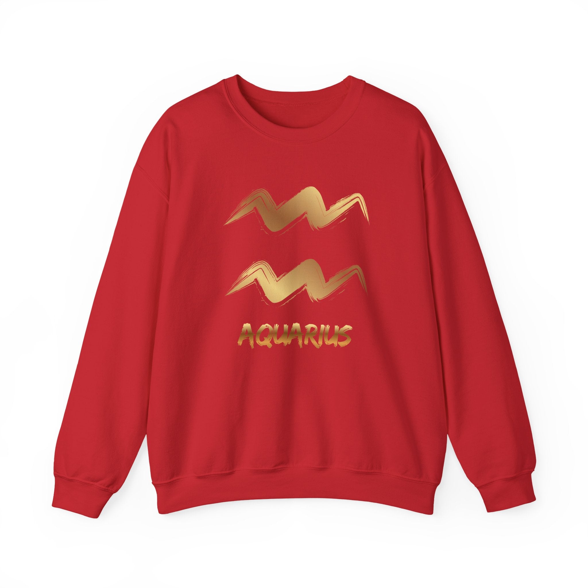 Red sweatshirt with gold Aquarius design on a white background