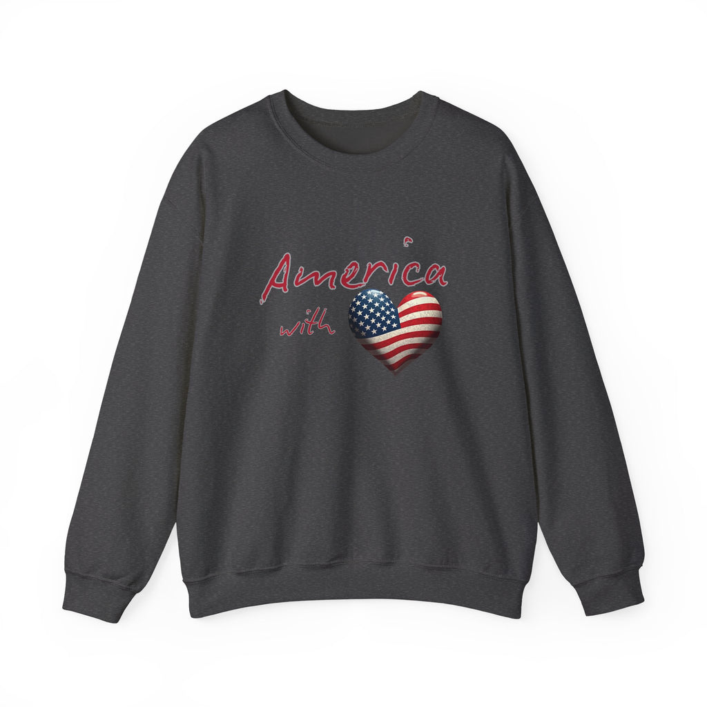Dark gray sweatshirt with 'America with a heart' design featuring an American flag on a white background