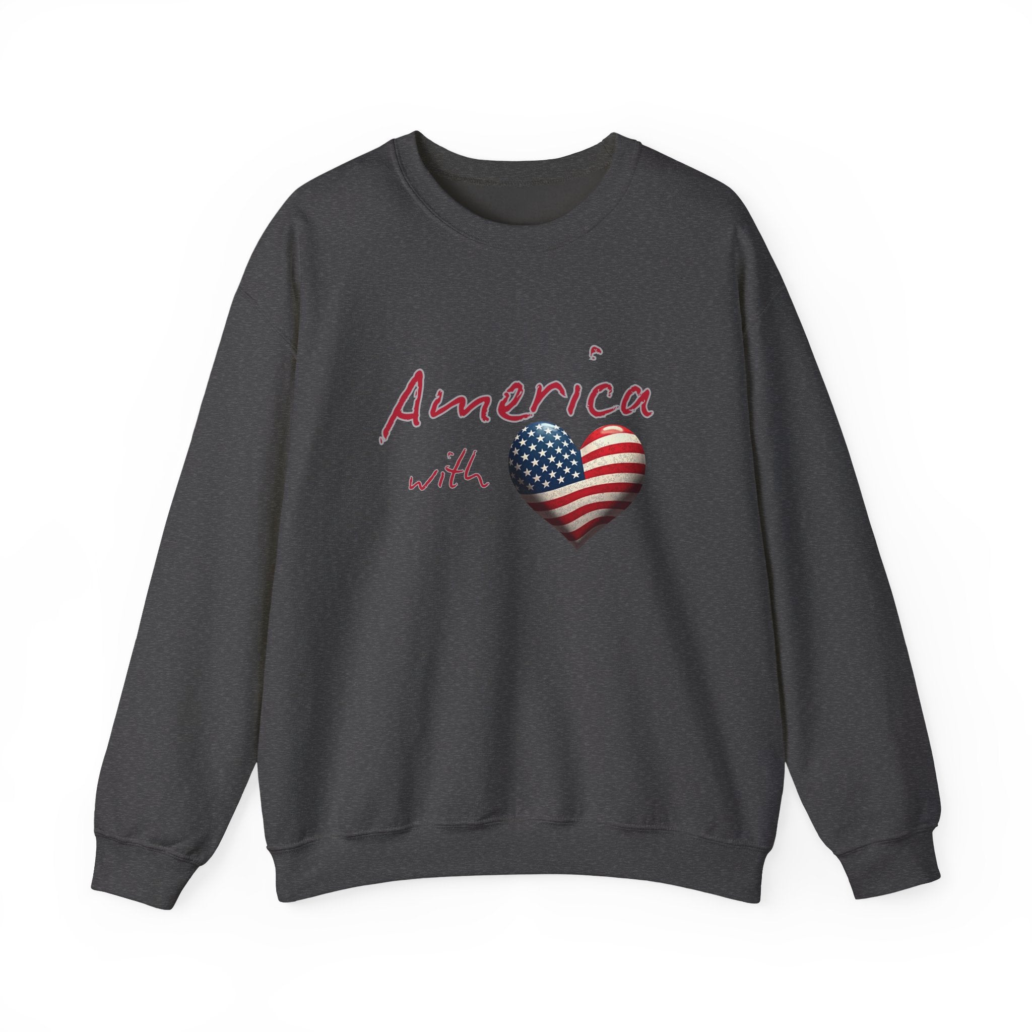 Dark gray sweatshirt with 'America with a heart' design featuring an American flag on a white background