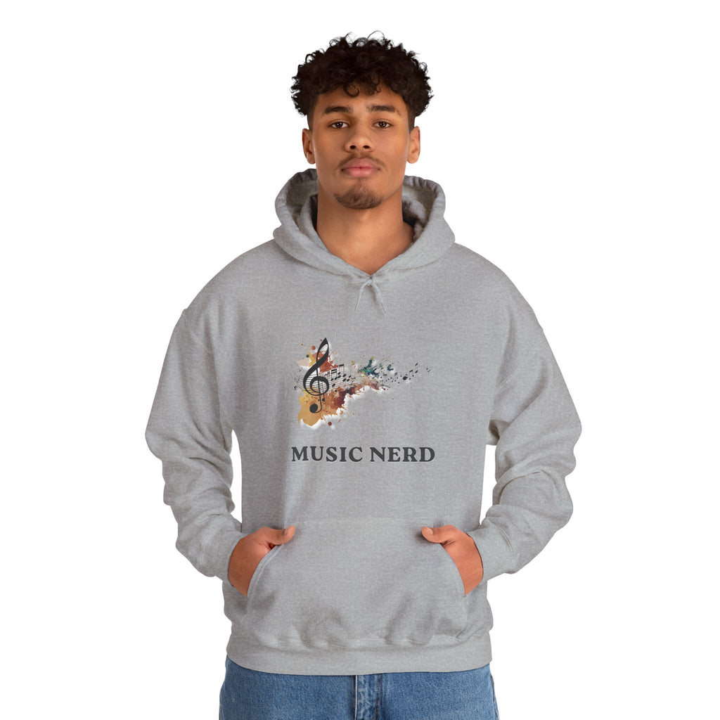 Person wearing a gray hoodie with 'Music Nerd' design on a white background