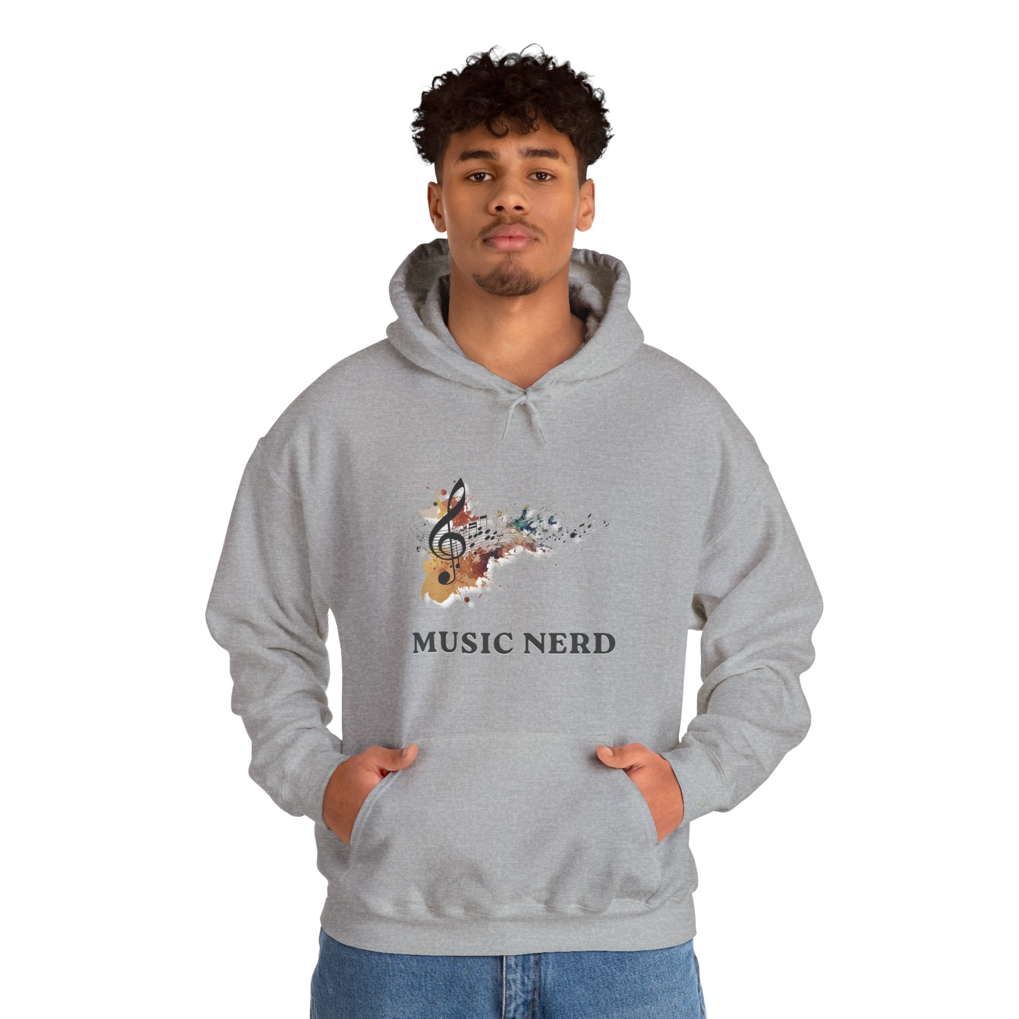 Person wearing a gray hoodie with 'Music Nerd' design on a white background