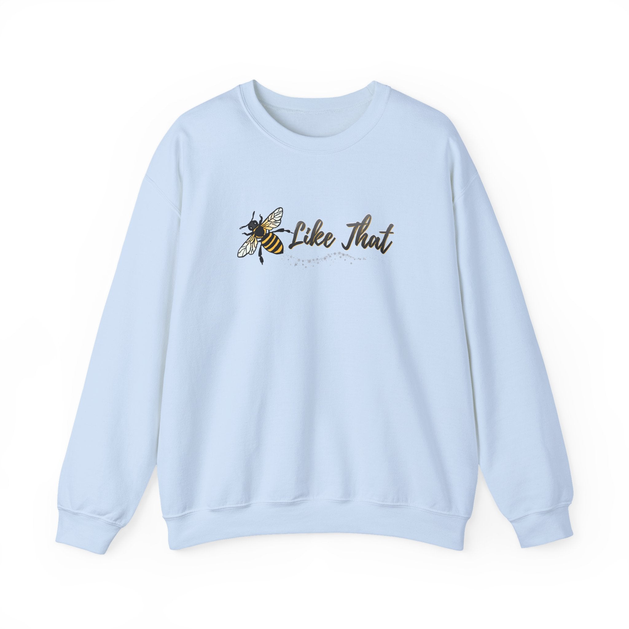 Light blue sweatshirt with bee graphic and text on a white background