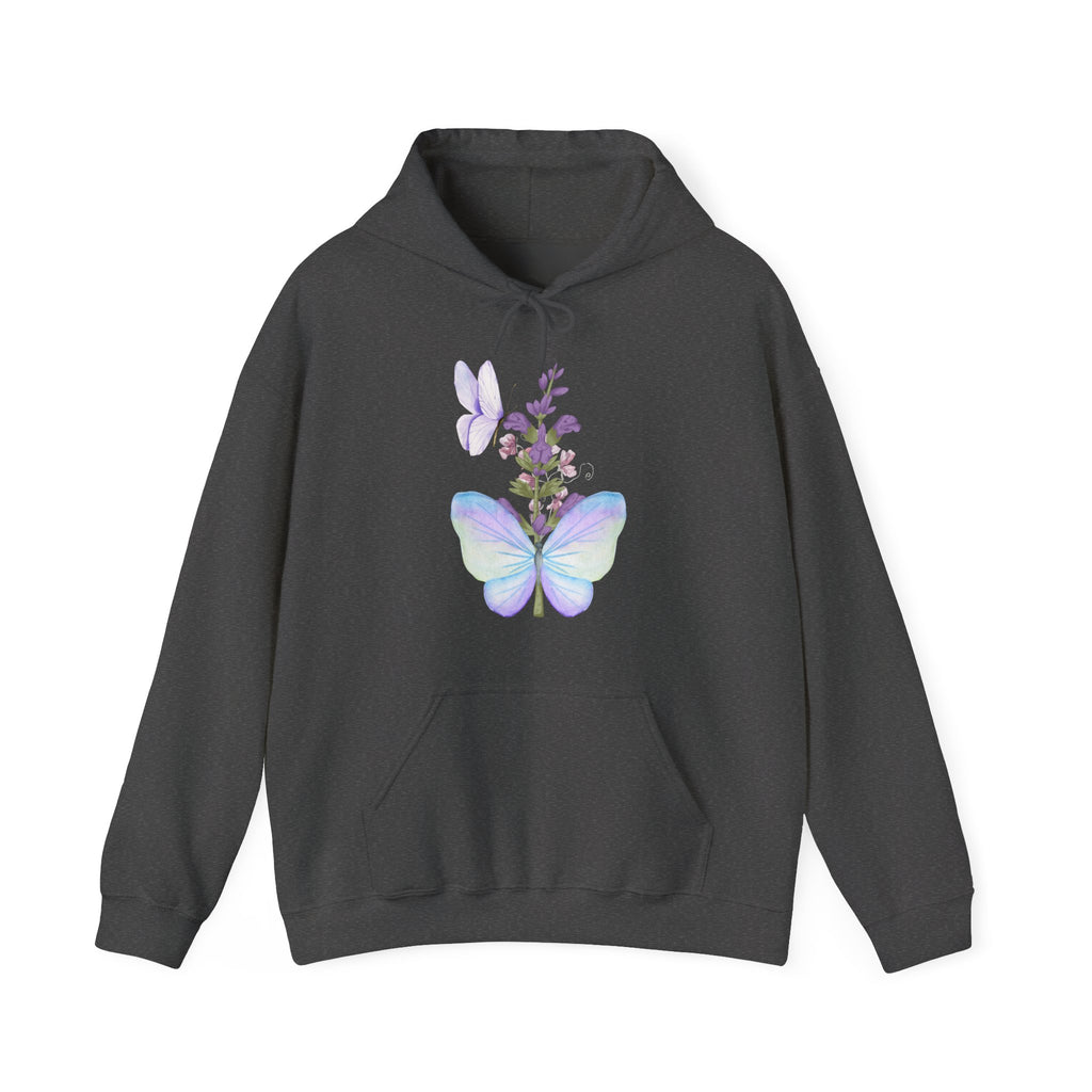 Dark gray hoodie with a butterfly and floral design on a white background