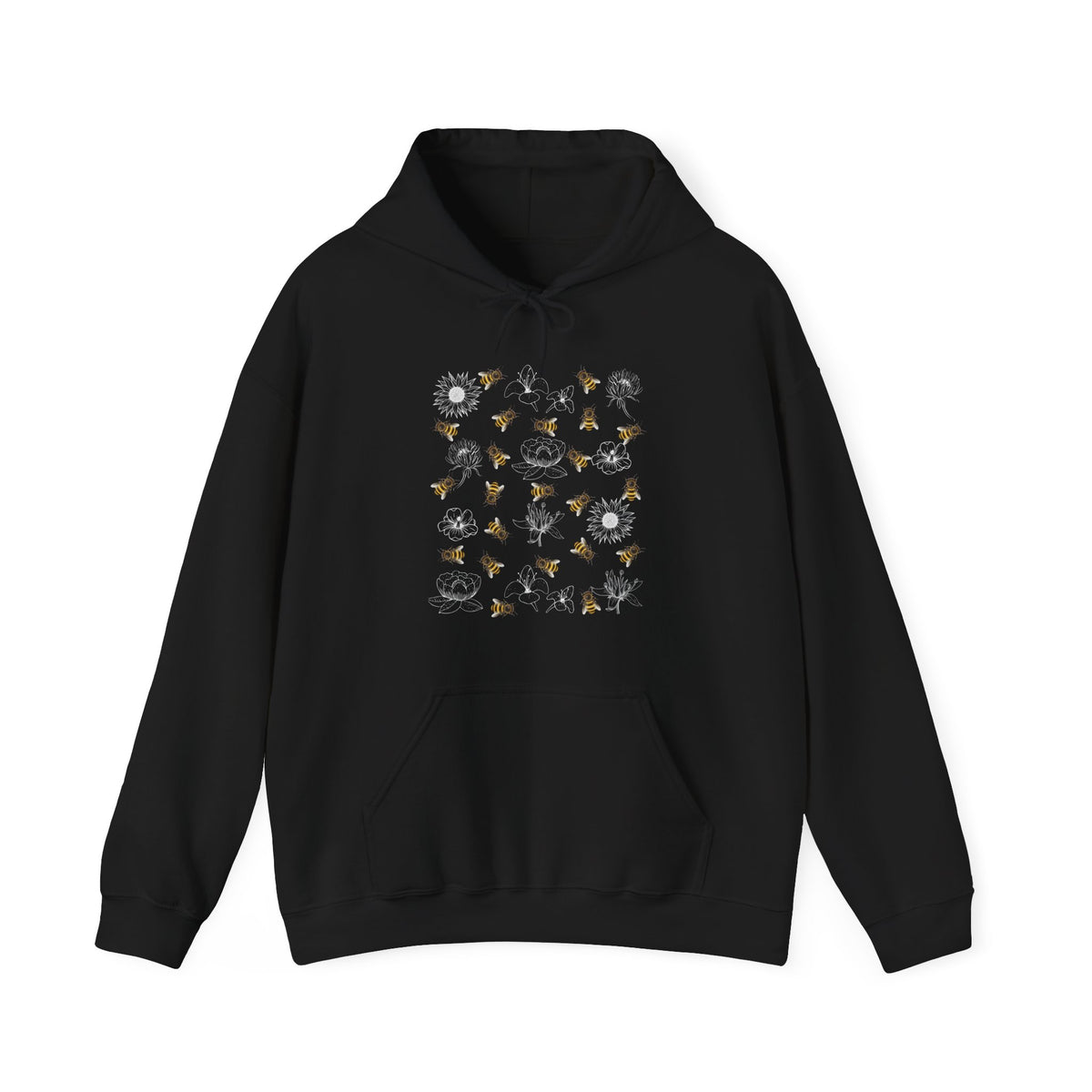 Black hoodie with bee design on a white background
