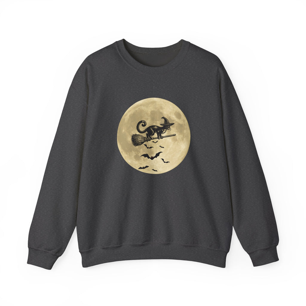 Grey sweatshirt with a Halloween design of a cat on a moon and bats on a white background
