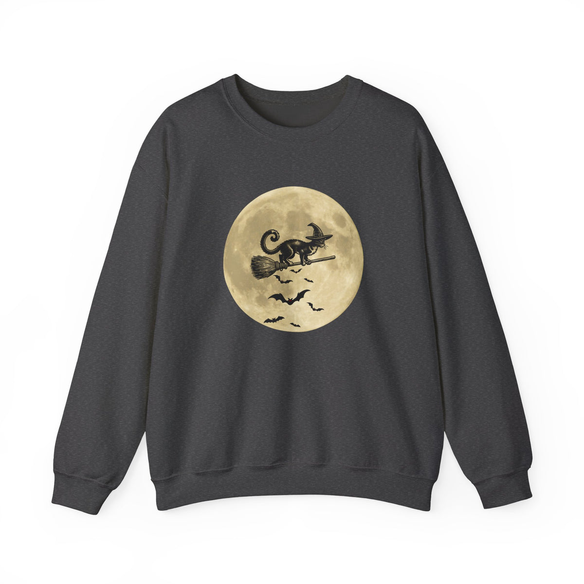 Grey sweatshirt with a Halloween design of a cat on a moon and bats on a white background
