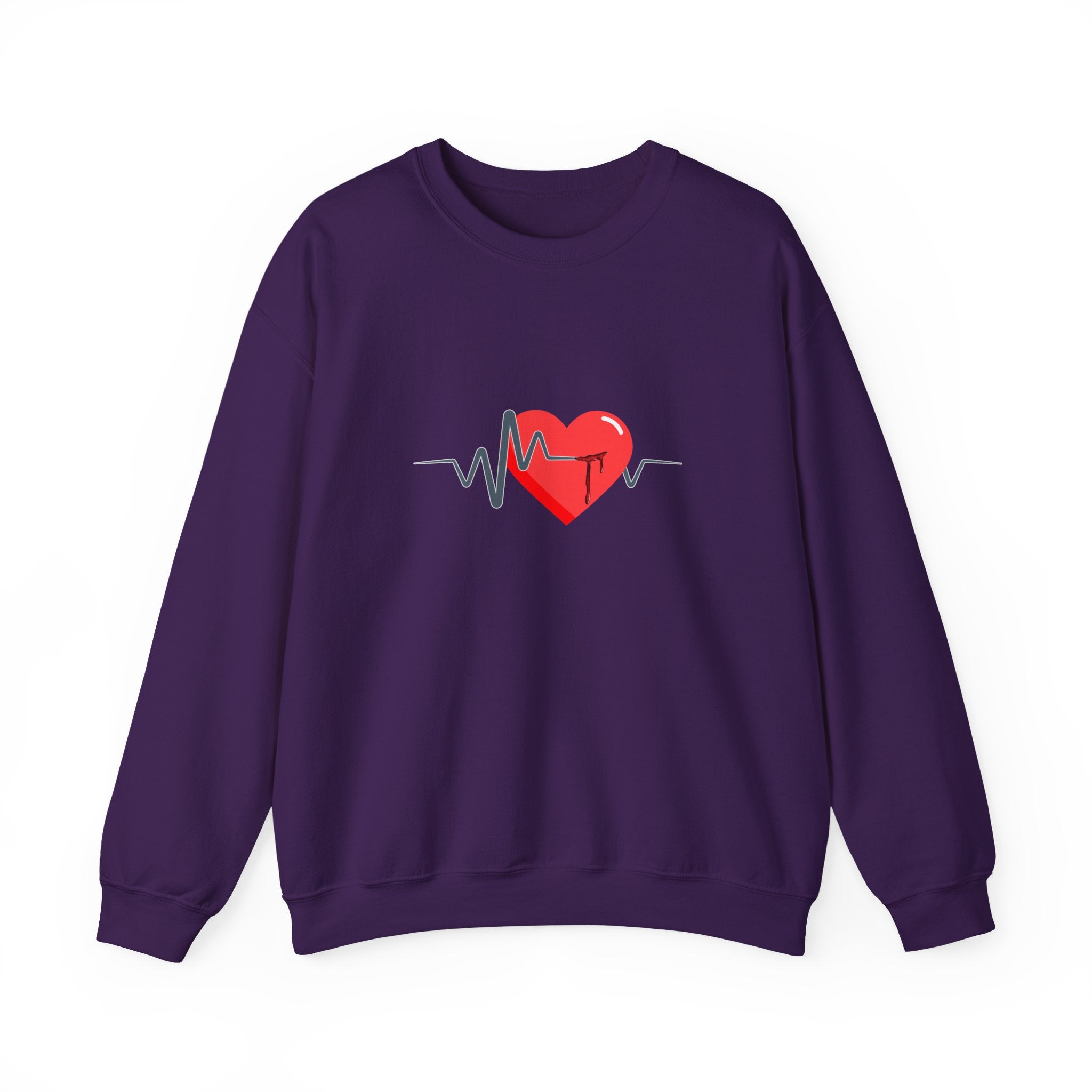 Purple sweatshirt with a red heart and heartbeat line design on a white background