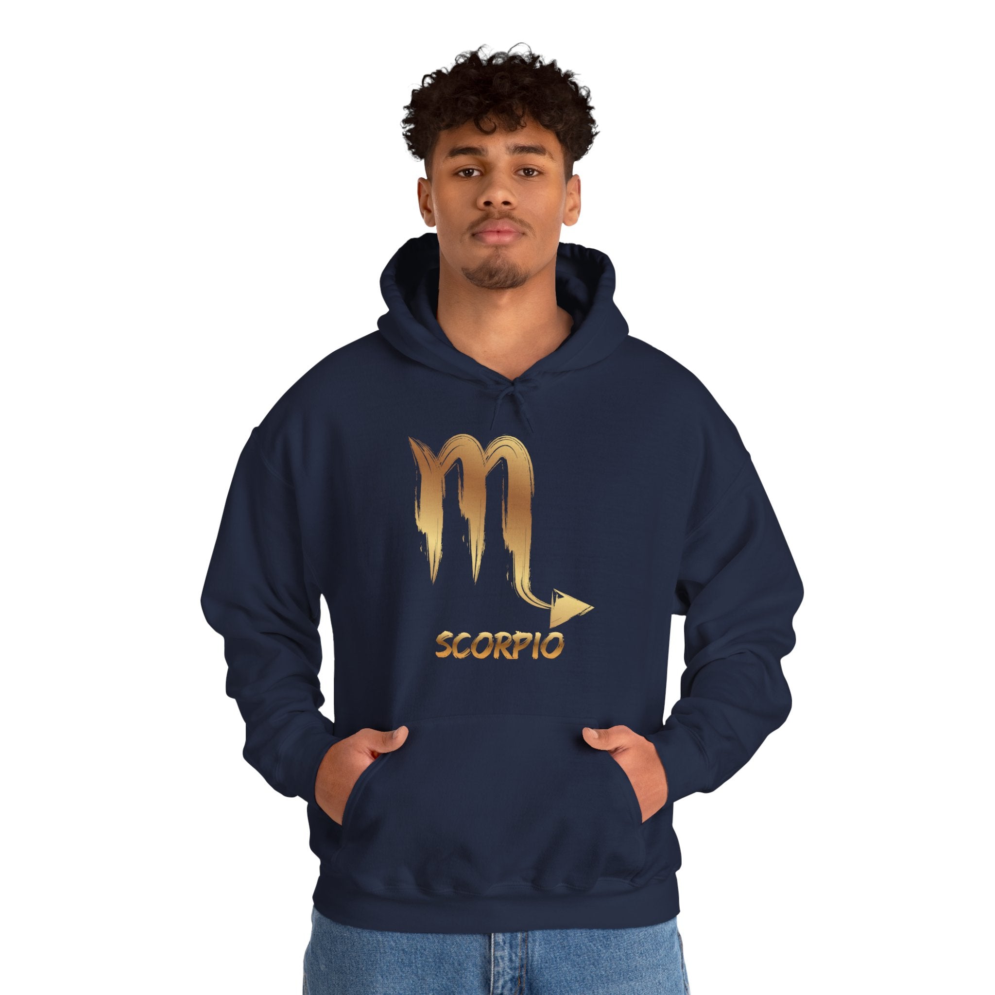 Person wearing a navy hoodie with Scorpio zodiac symbol