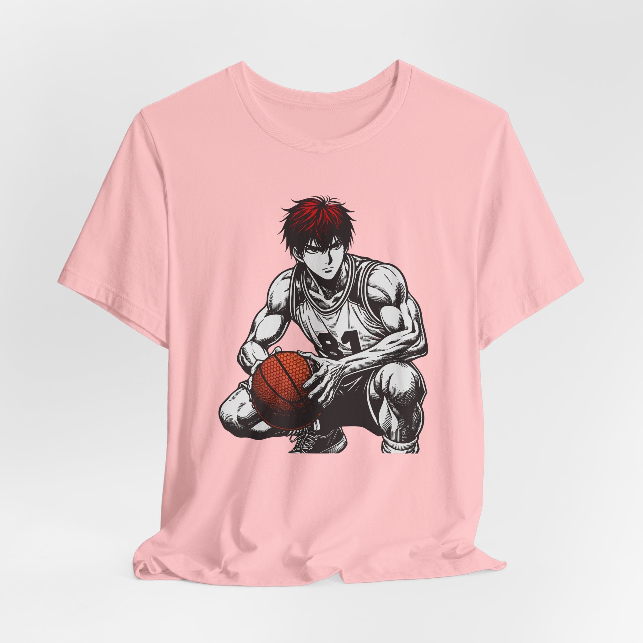 Pink t-shirt with a graphic of a basketball player on a light gray background
