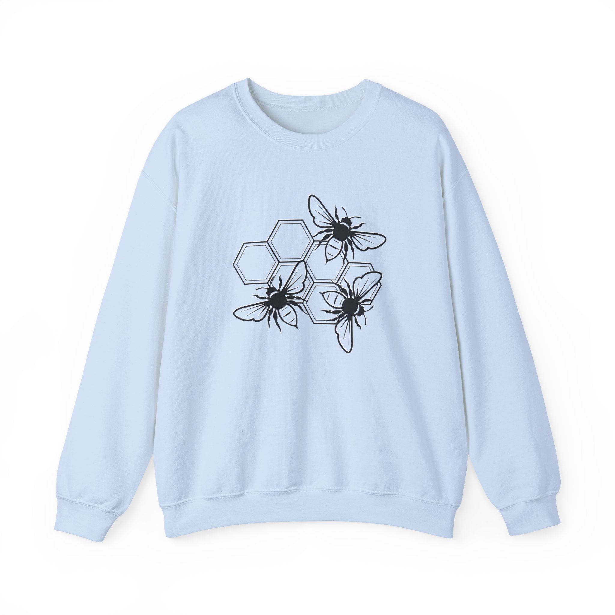 Light blue sweatshirt with black bee and hexagon pattern on a white background