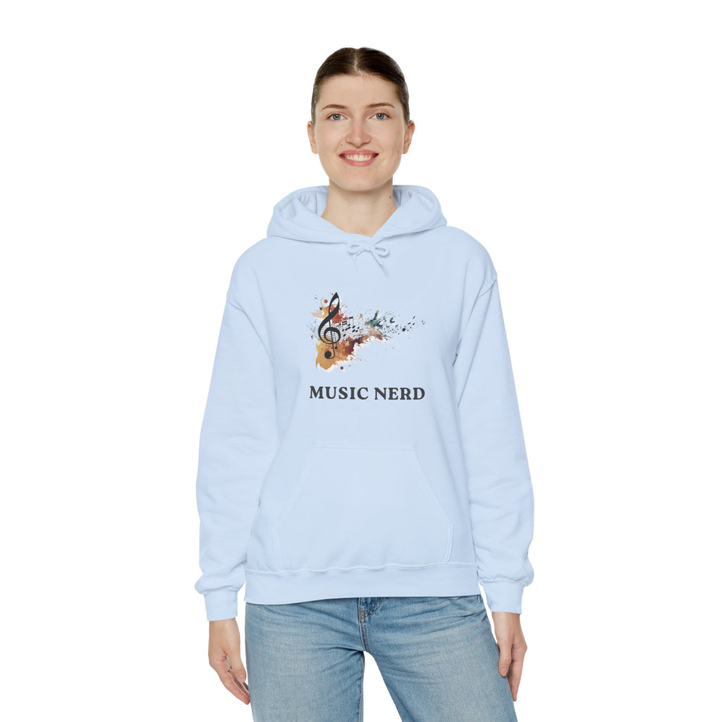 Person wearing a light blue hoodie with 'Music Nerd' design on a white background