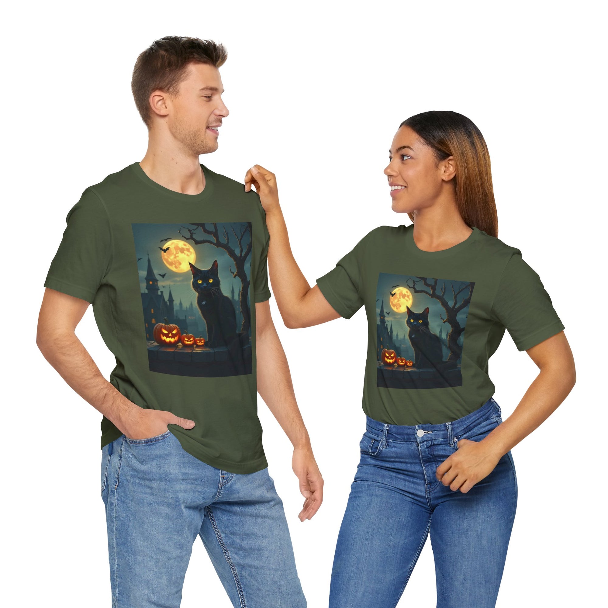 Halloween Cat with Bats and Pumpkins T-shirt for Men and Women