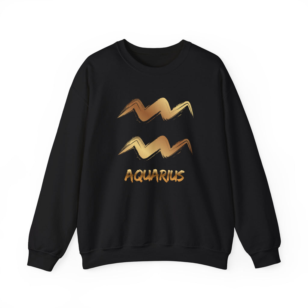 Black sweatshirt with gold Aquarius design on a white background