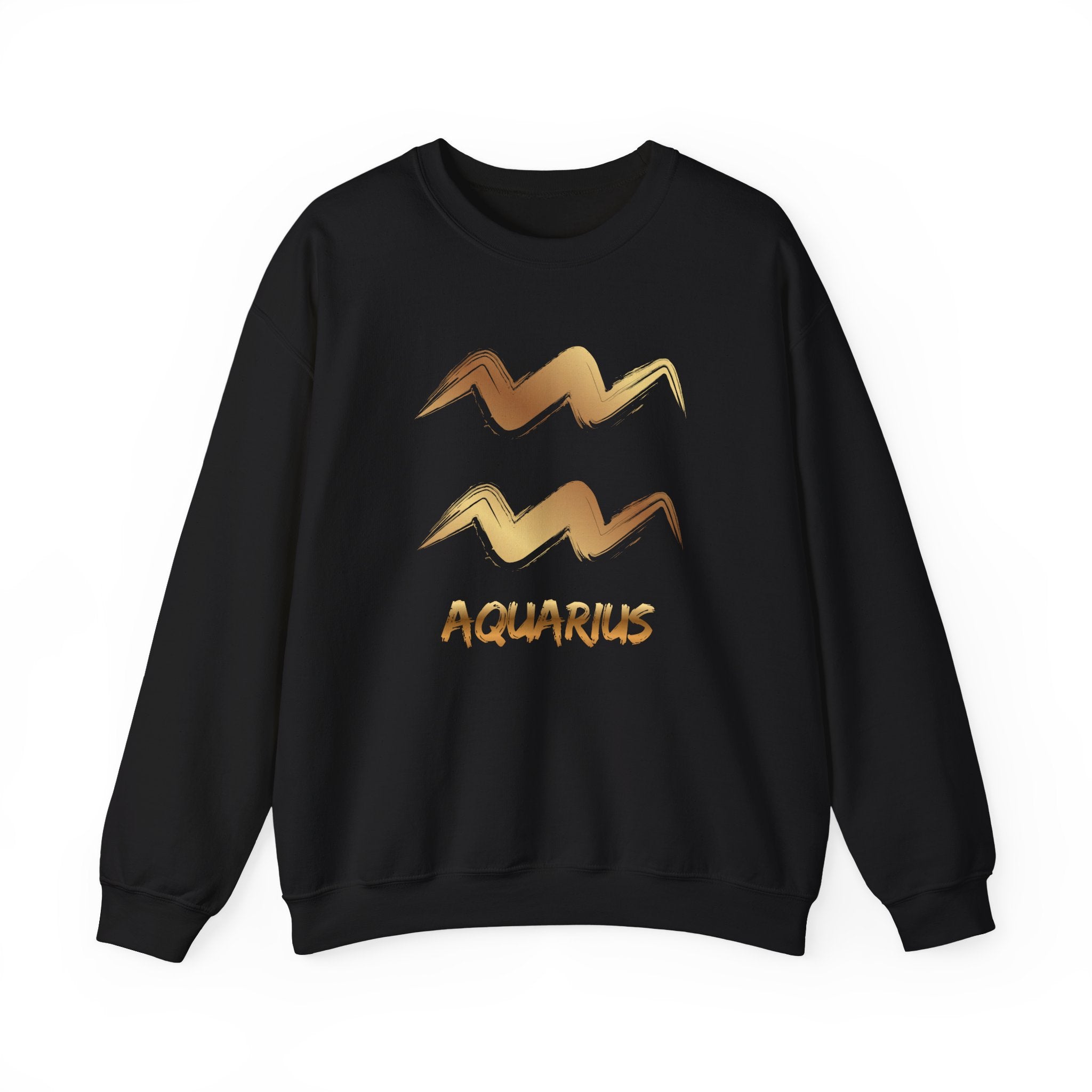 Black sweatshirt with gold Aquarius design on a white background