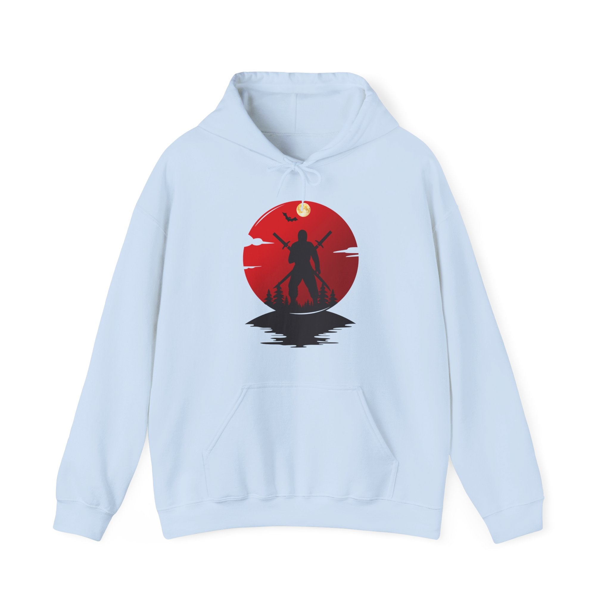 Light blue hoodie with a red and black graphic design on a white background