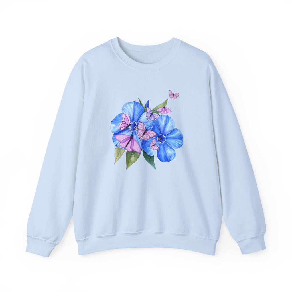 Light blue sweatshirt with a flower and butterfly design on a white background