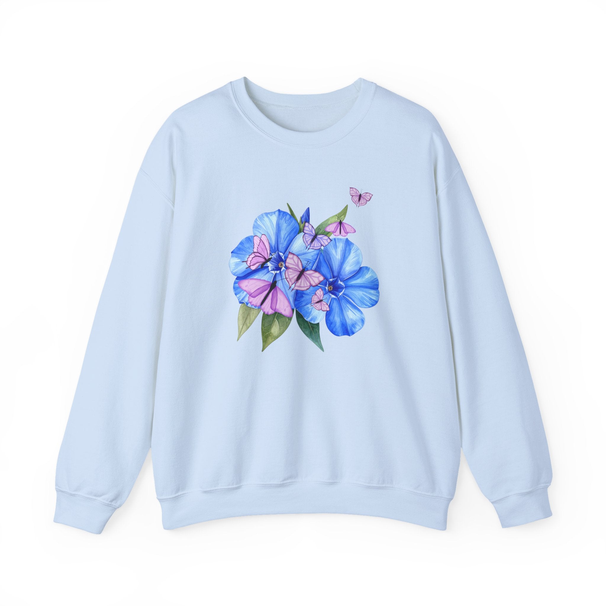 Light blue sweatshirt with a flower and butterfly design on a white background