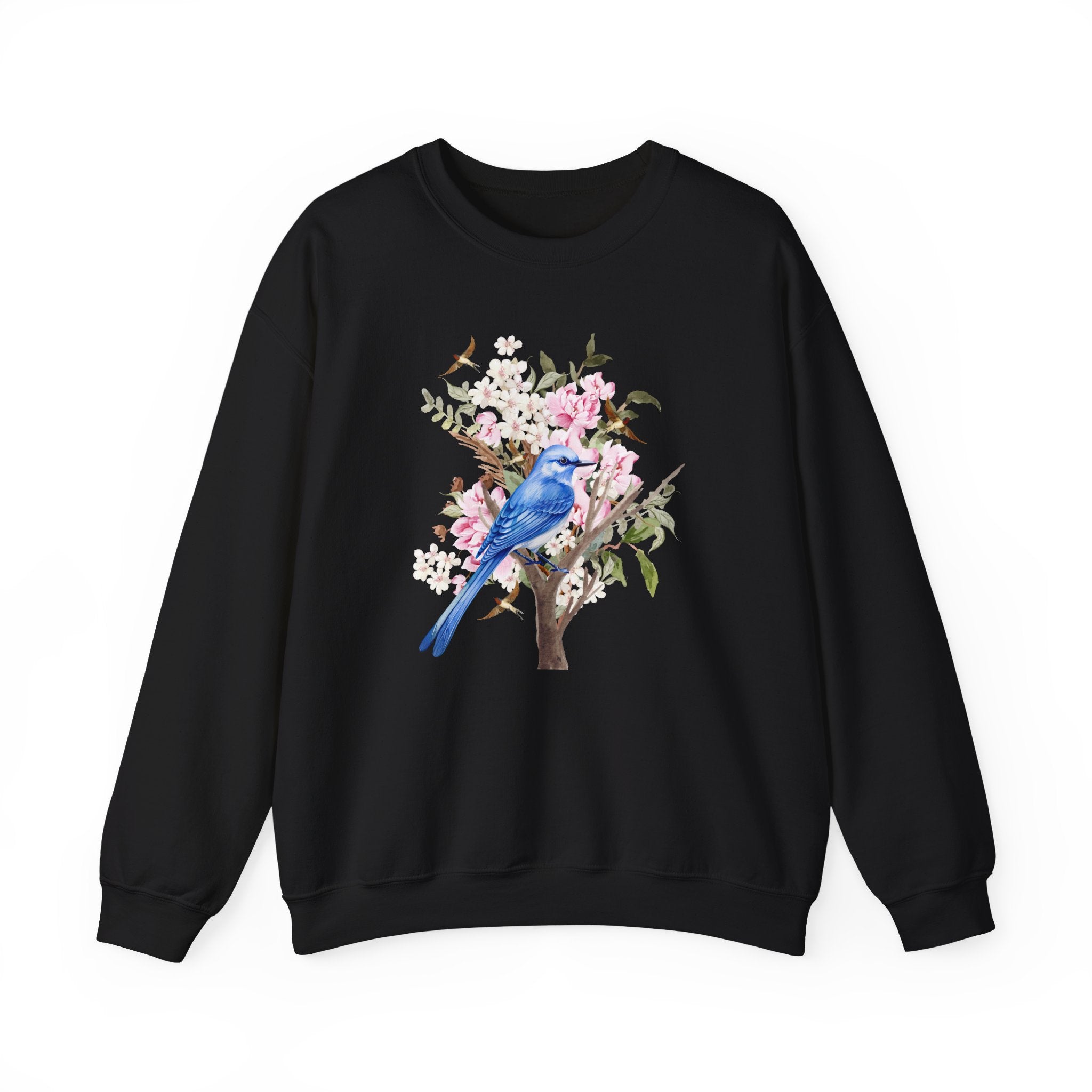 Black sweatshirt with a blue bird and floral design on a white background