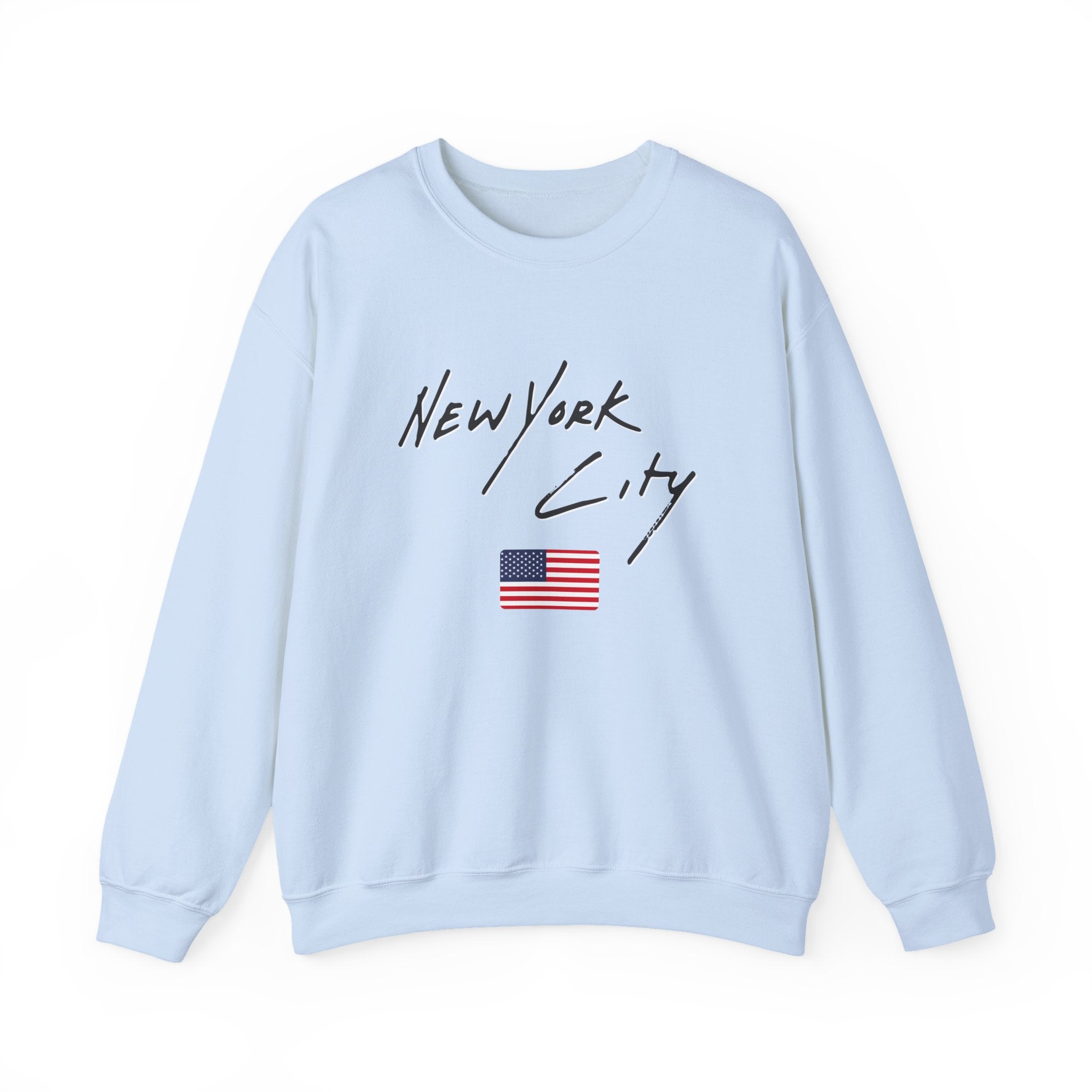 Light blue sweatshirt with 'New York City' text and American flag on a white background