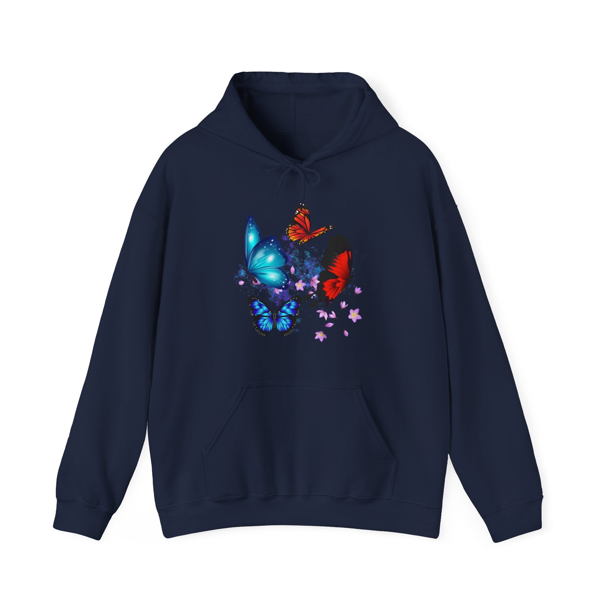 Navy blue hoodie with colorful butterfly design on a white background
