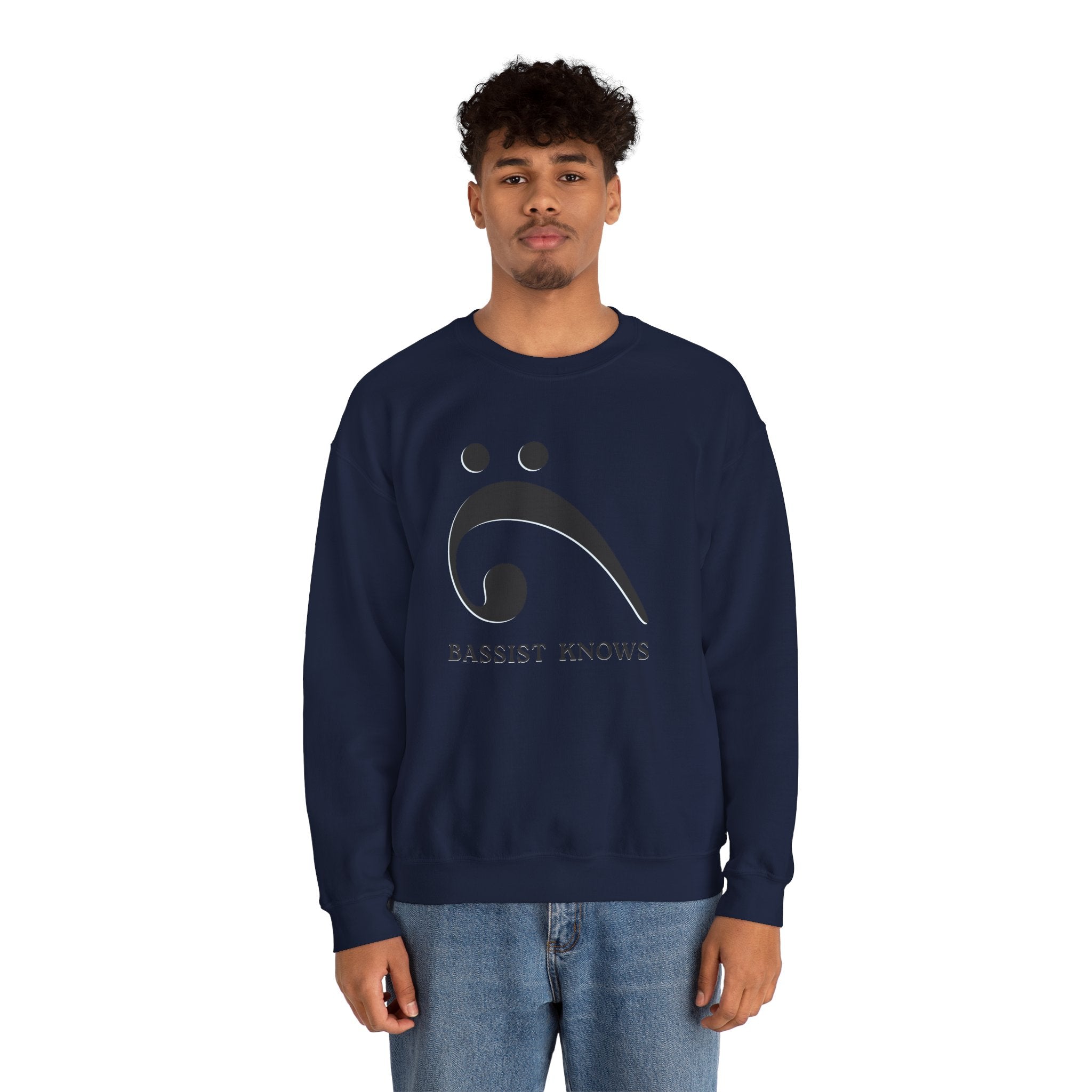 Person wearing a navy blue sweatshirt with a black bass clef graphic and "Bassist Knows" text on a white background