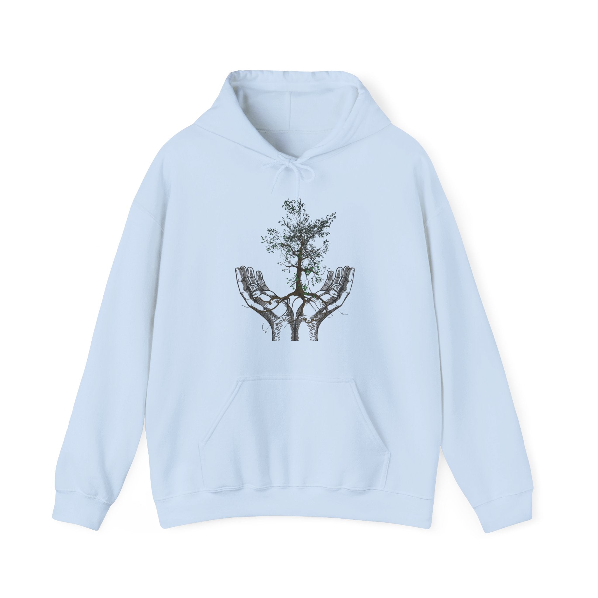 Light blue hoodie with a graphic of a tree and hand on a white background